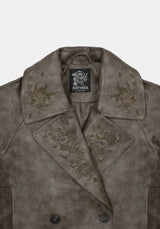 Fleux Embroidered Cropped Faux Leather Trench Jacket