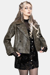 Fleux Embroidered Cropped Faux Leather Trench Jacket