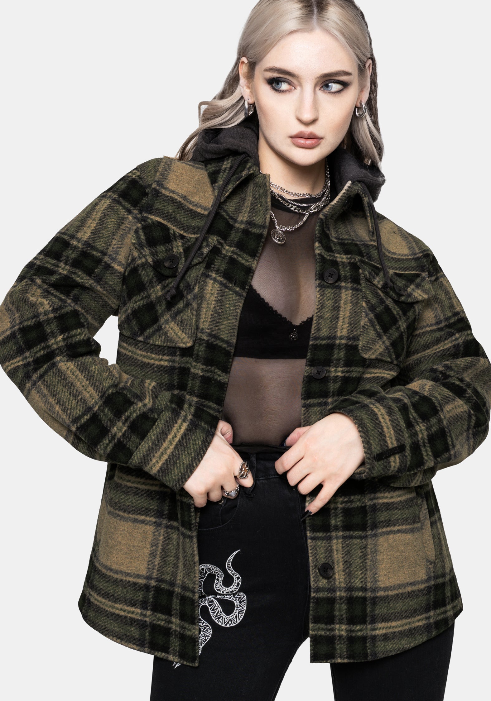 Trellis Lightweight Hooded Pocket Check Shacket - Green – Disturbia