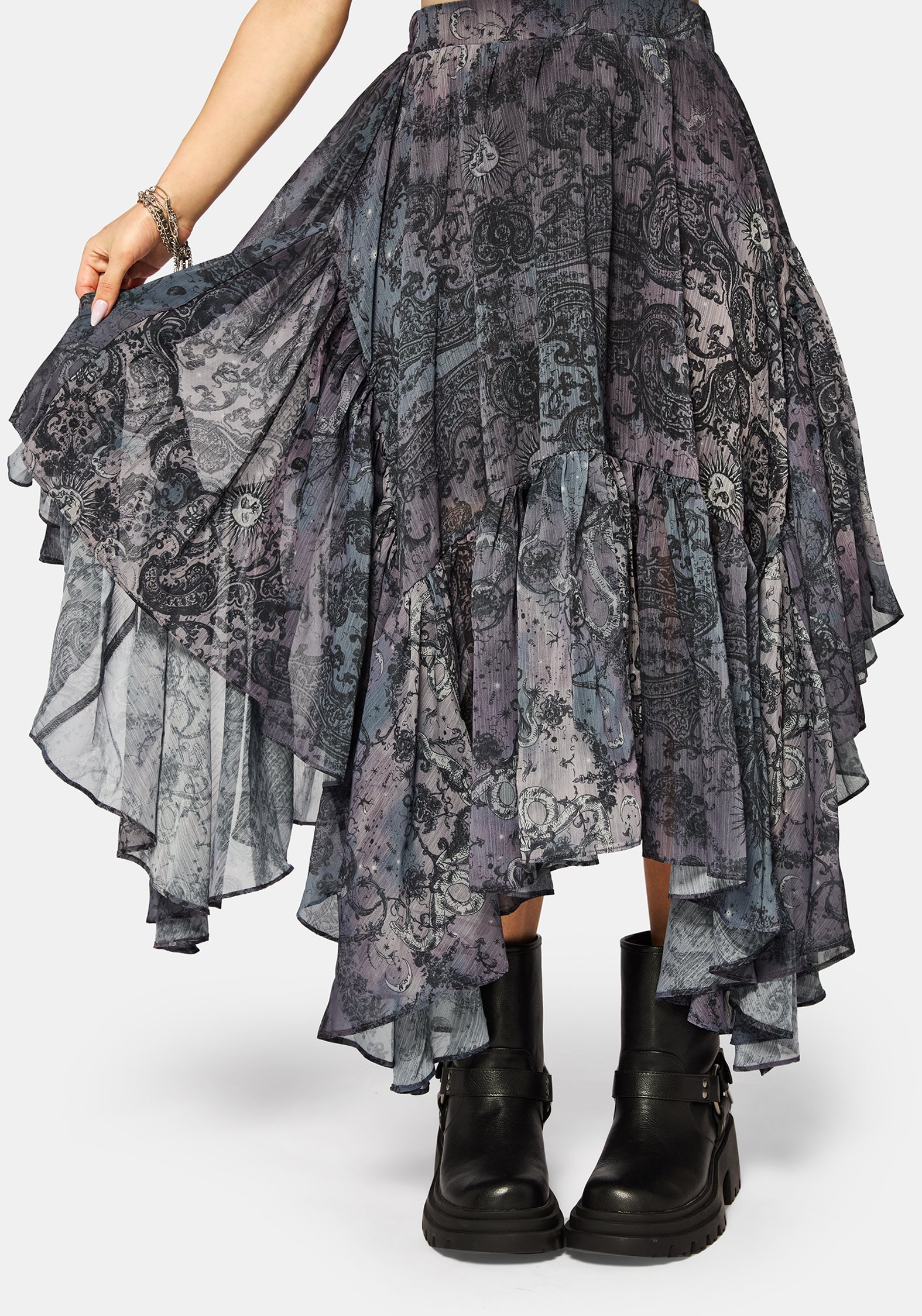 Gaia Celestial Print Chiffon Hanky Hem Skirt – Disturbia