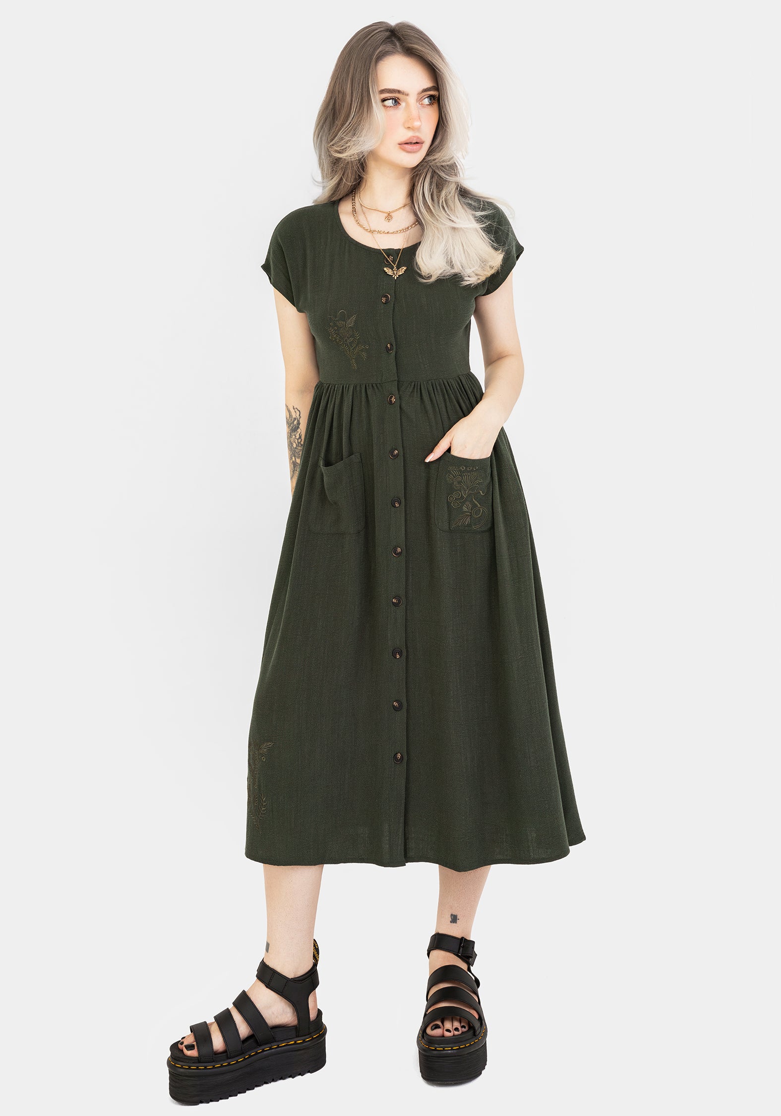 green button down midi dress Emerald Green Button Up Front Pocket Midi Dress  PinkBlush