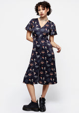 Medeina Print Button Front Satin Midi Dress