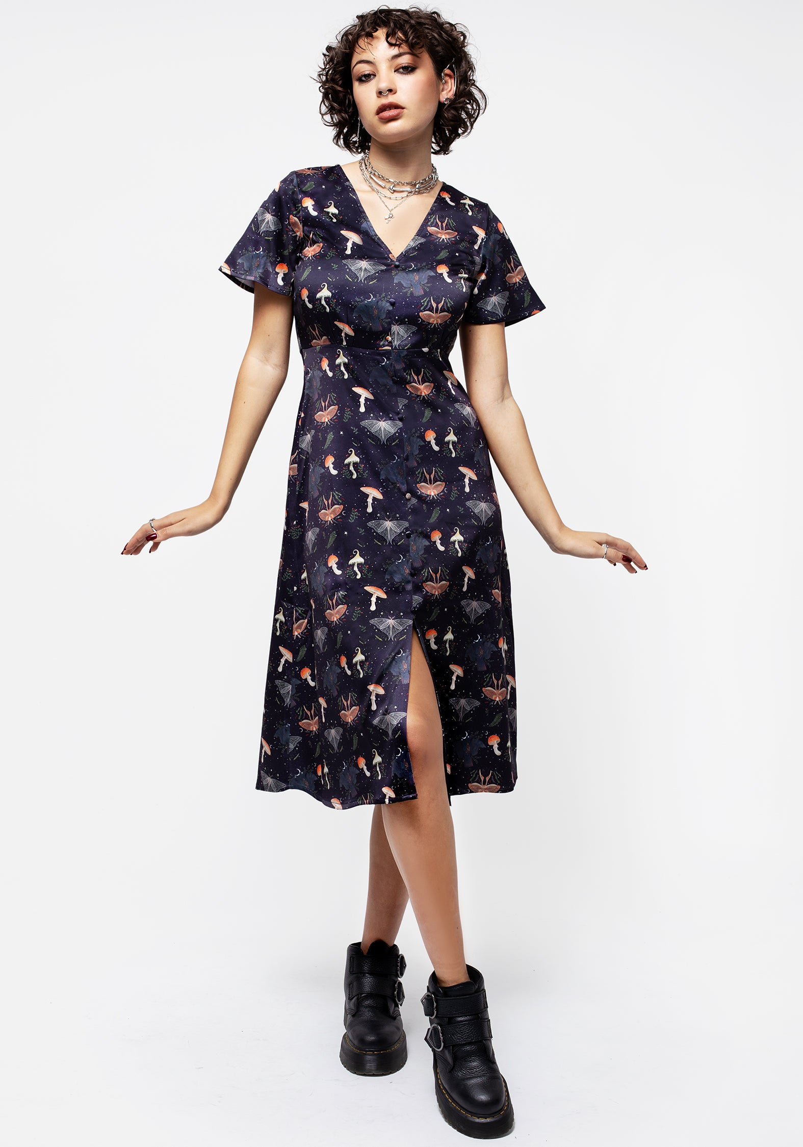knee length dresses for ladies Medeina Print Button Front Satin Midi Dress | Disturbia