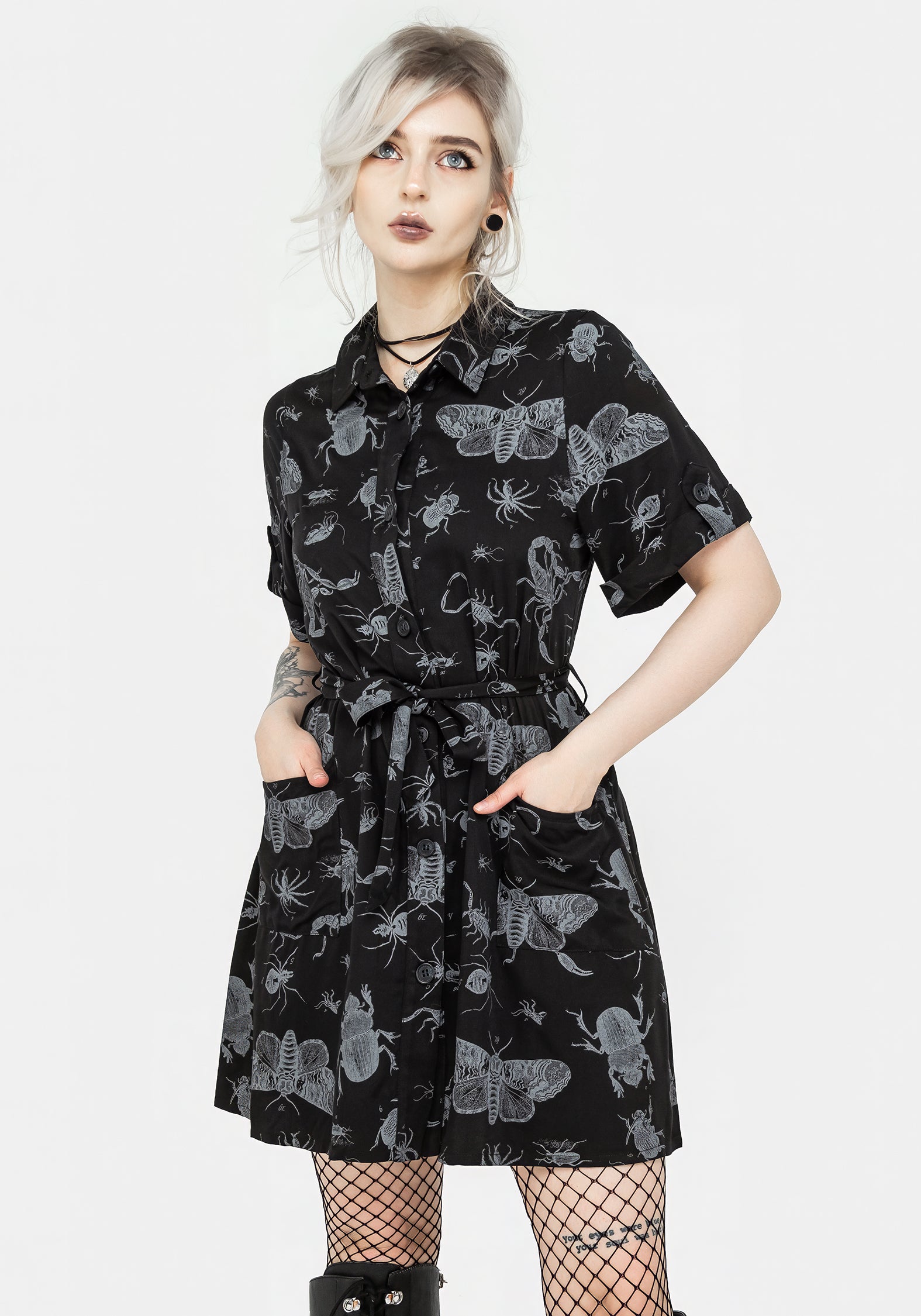 mini shirt dresses for women Parasite Bugs Short Sleeve Mini Shirt Dress