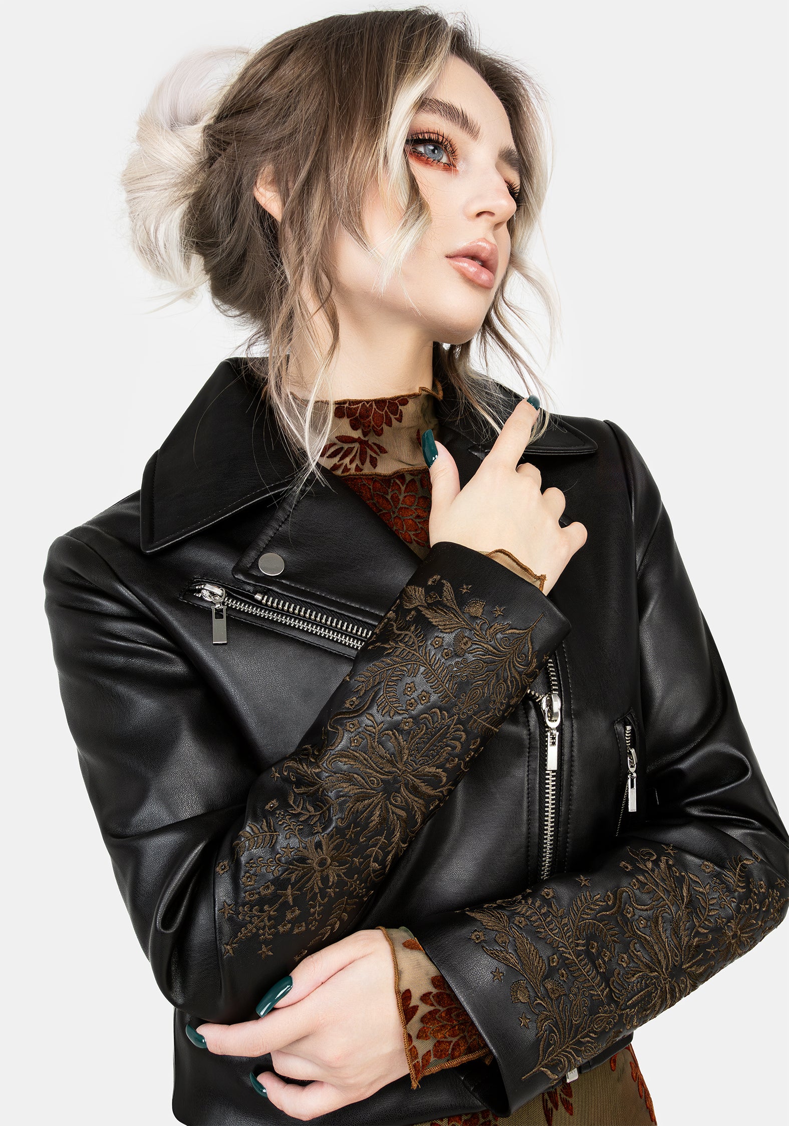 Vervain Embroidered Faux Leather Biker Jacket | Disturbia - Shop