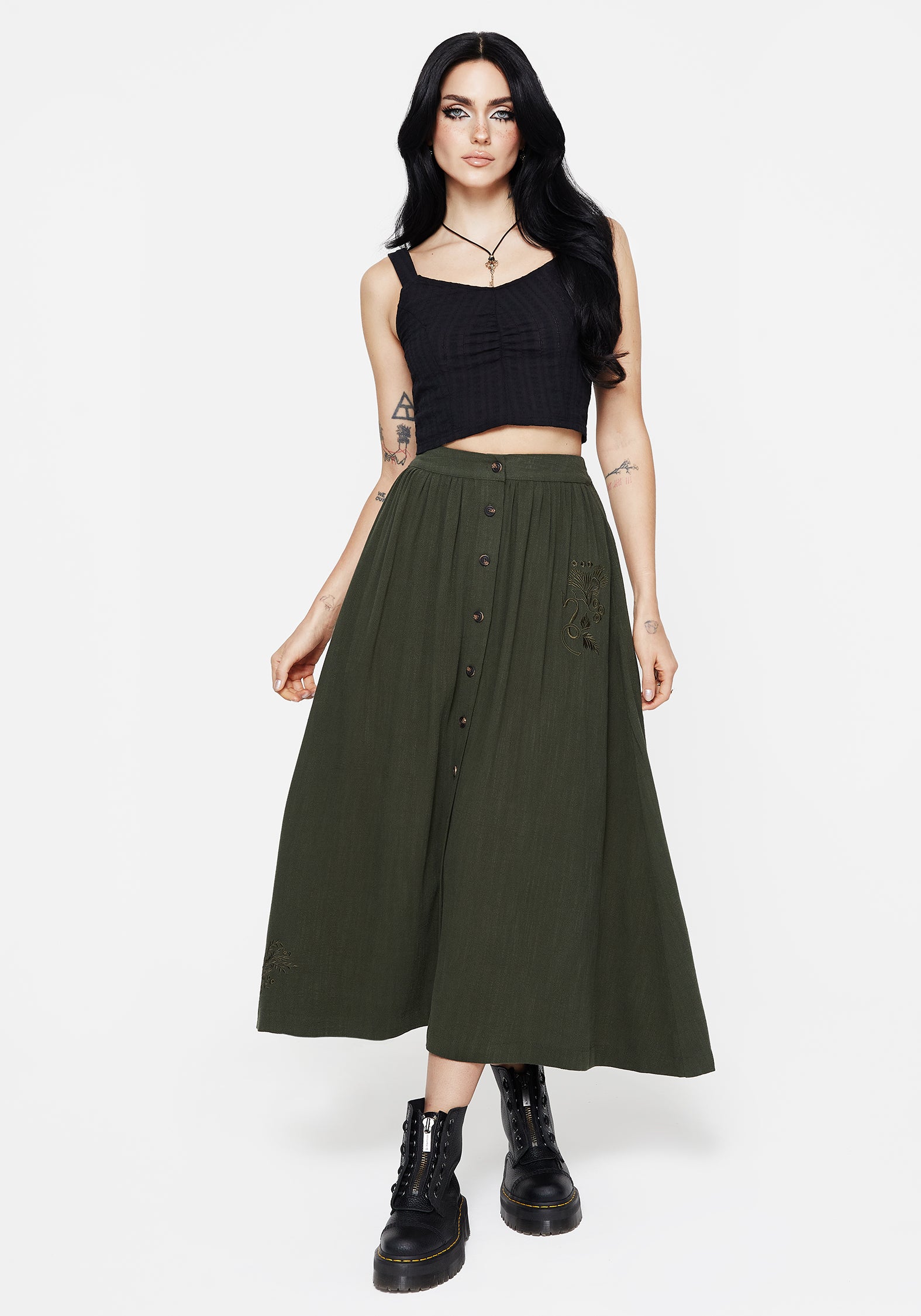 Foliate Linen-Blend Embroidered Button Up Midaxi Skirt - Green