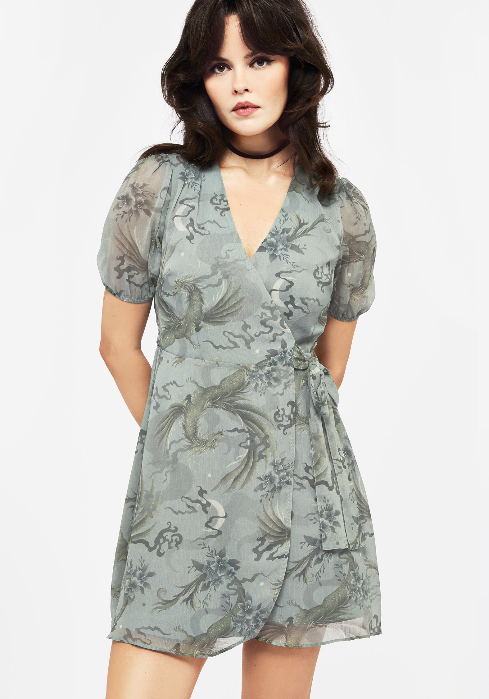Sapphira Dragon Print Chiffon Mini Wrap Dress | Disturbia - Shop Women's Gothic, Alternative & Dark Romantic Fashion, Accessories & Homeware Sapphira Dragon Print Chiffon Mini Wrap Dress | Disturbia - Shop Women's Gothic, Alternative & Dark Romantic Fashion, Accessories & Homeware