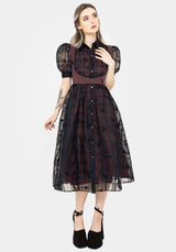 Sedona Organza Check Embroidered Puff Sleeve Midi Shirt Dress
