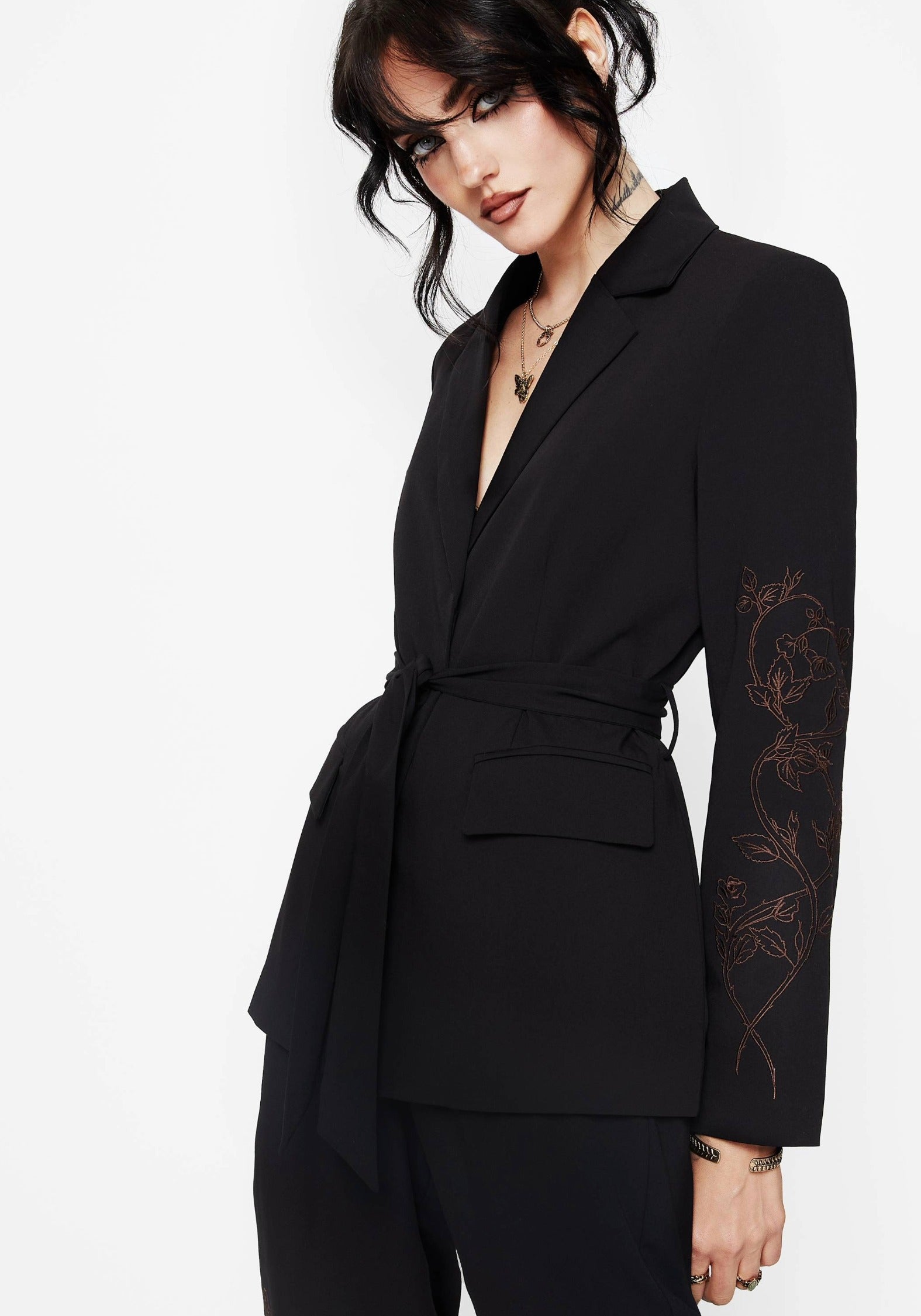 Renita Embroidered Belted Blazer – Disturbia