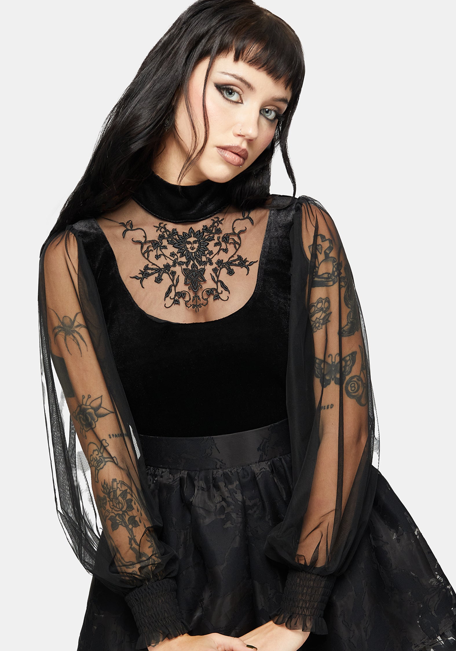 Trixie Velvet Embroidered Long Sleeve Funnel Top – Disturbia