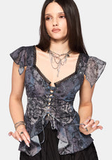Gaia Celestial Print Chiffon Lace Up Blouse