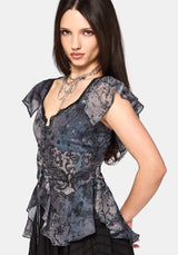 Gaia Celestial Print Chiffon Lace Up Blouse