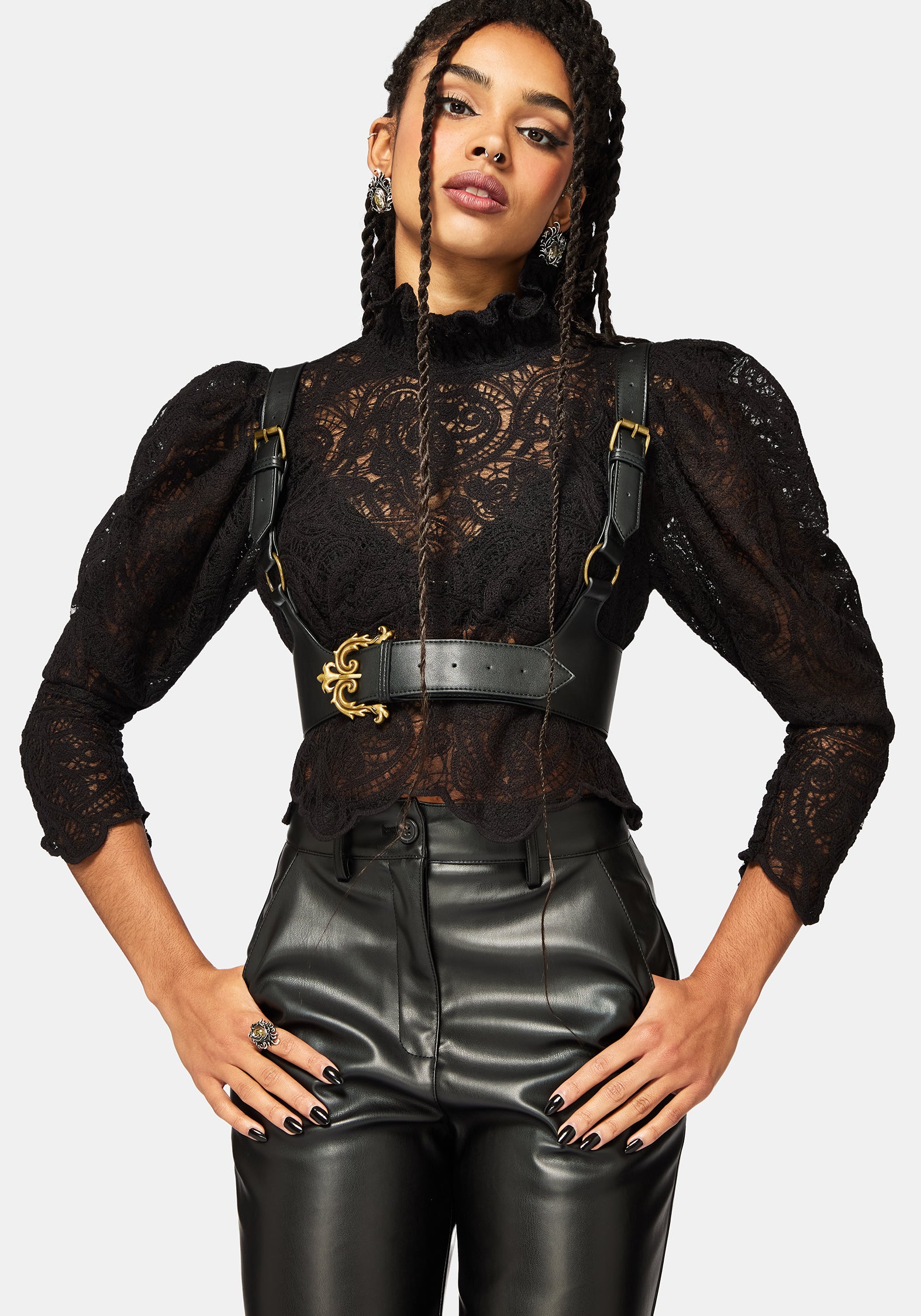 Lyra Lace Ruched High Neck Blouse - Black – Disturbia