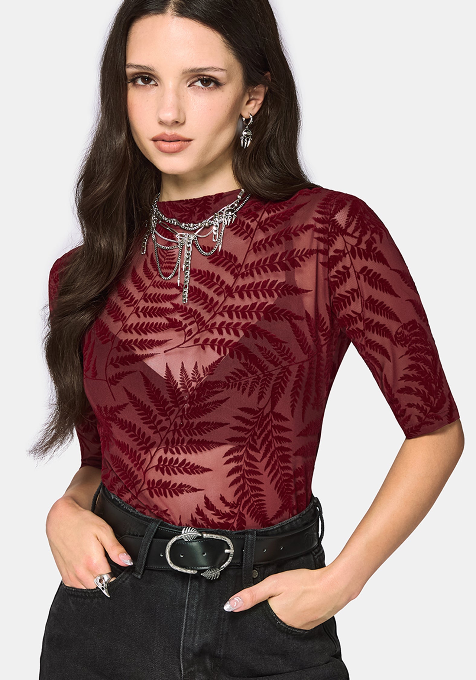 Blamain ブルマリン　アンナモリナーリ　トップス　フォクシー セブンテン Lunafern Flocked Fern Short Sleeve Mesh Top - Burgundy – Disturbia