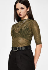Lunafern Flocked Fern Short Sleeve Mesh Top - Green