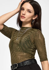 Lunafern Flocked Fern Short Sleeve Mesh Top - Green