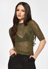 Lunafern Flocked Fern Short Sleeve Mesh Top - Green