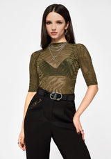 Lunafern Flocked Fern Short Sleeve Mesh Top - Green