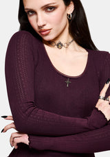 Lucera Long Sleeve Pointelle Scoop Neck Top - Burgundy
