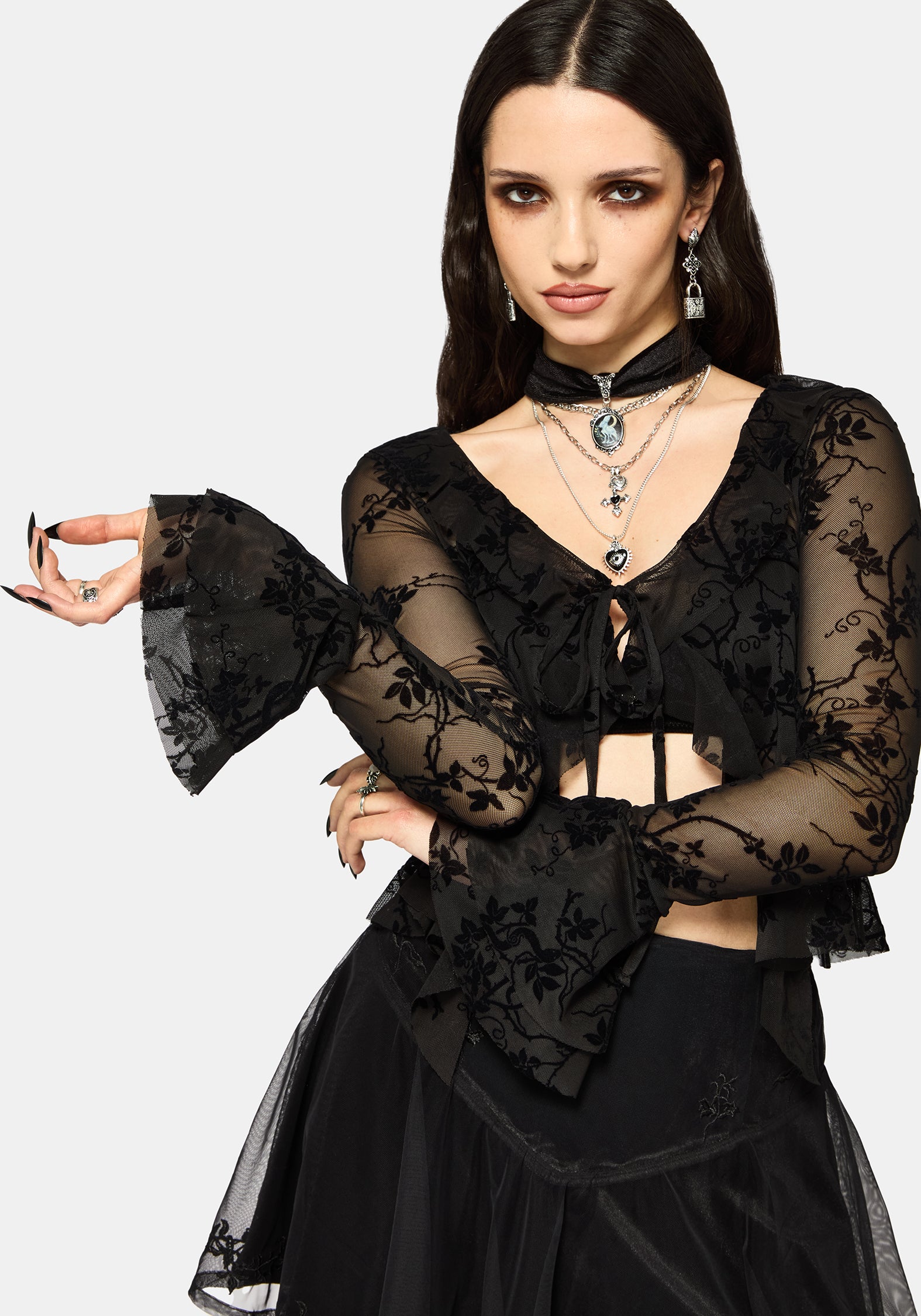 Saski Thorn Flock Mesh Tie Front Top – Disturbia