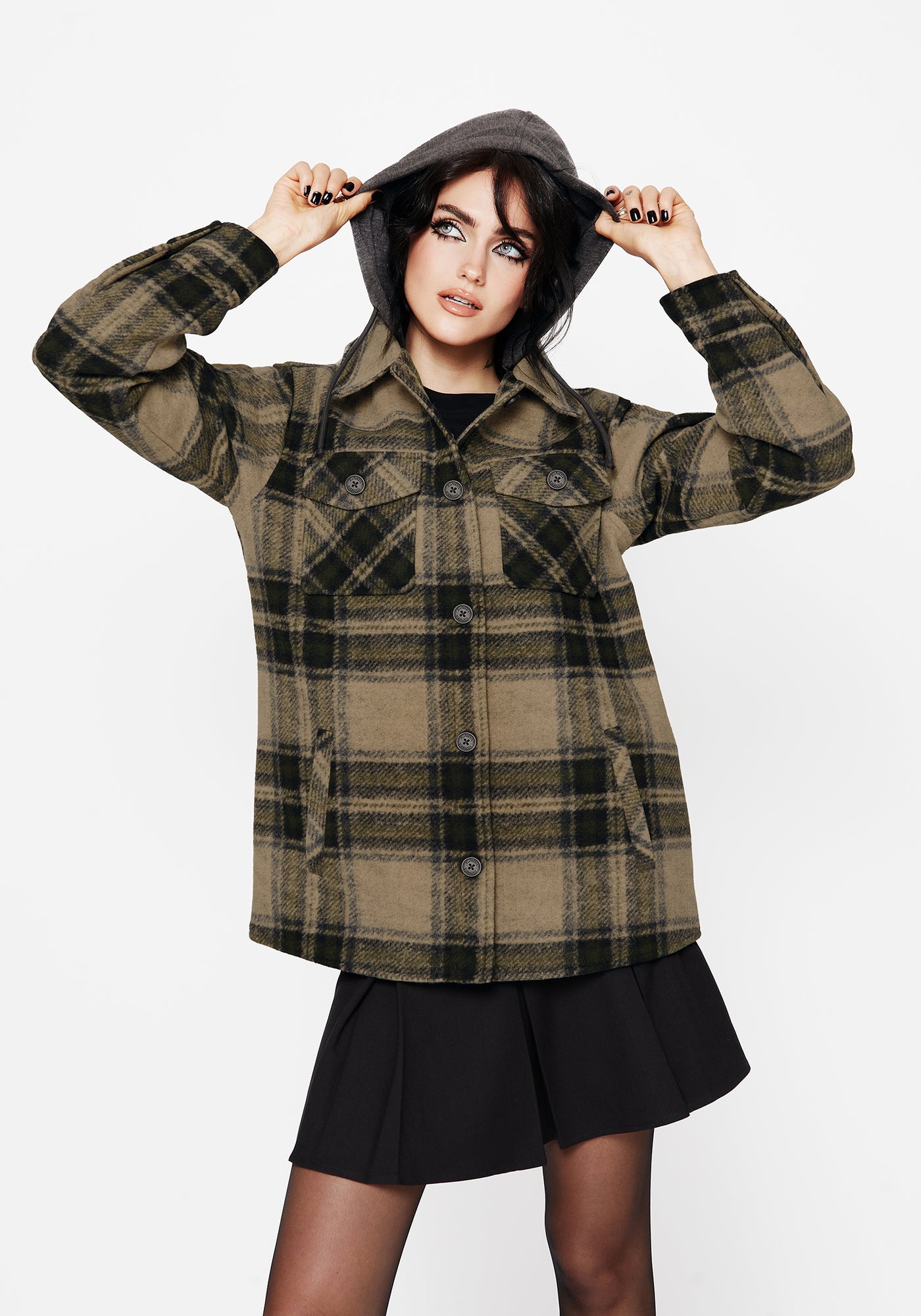 Trellis Hooded Pocket Check Shacket - Green – Disturbia