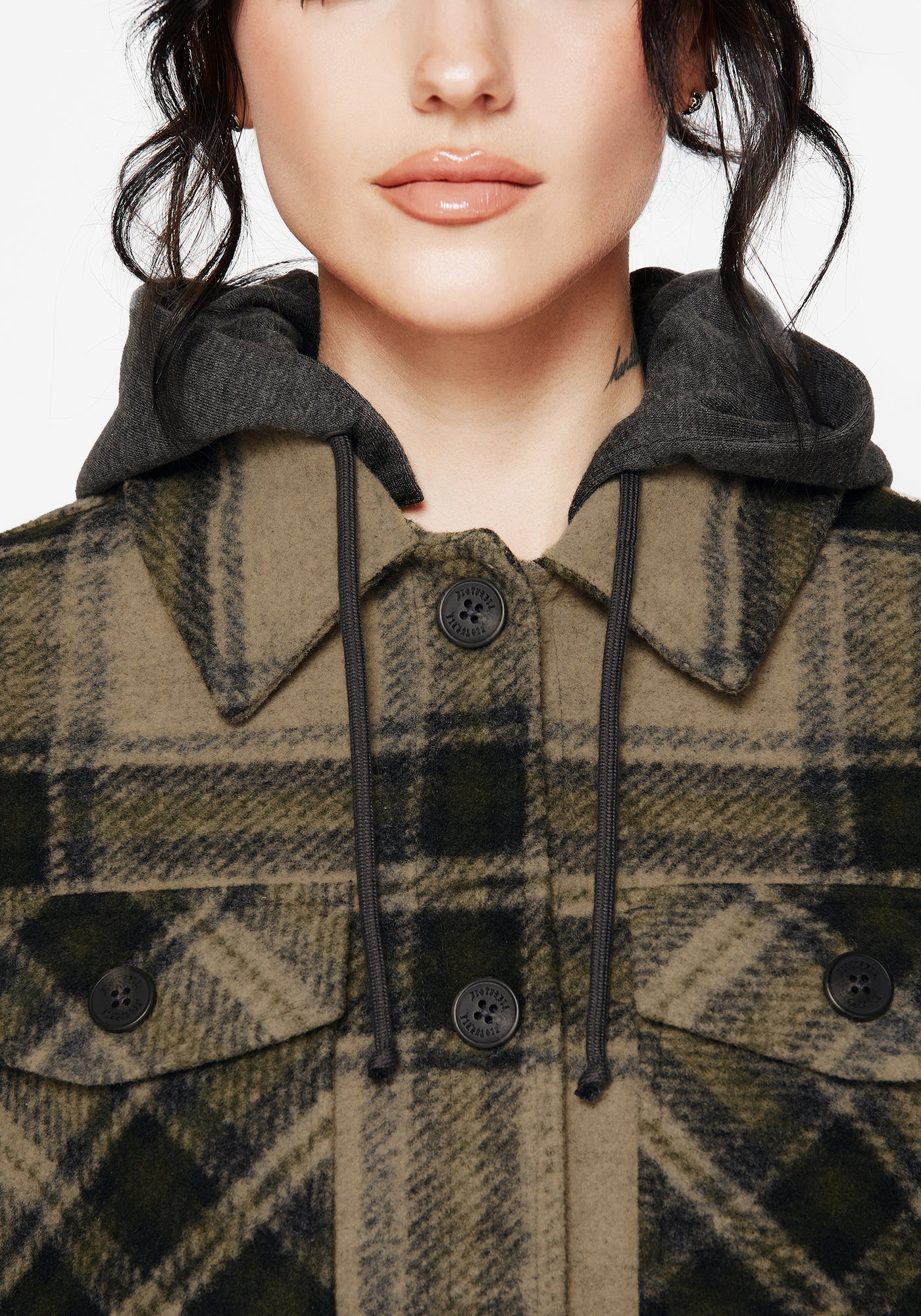 Trellis Hooded Pocket Check Shacket - Green – Disturbia