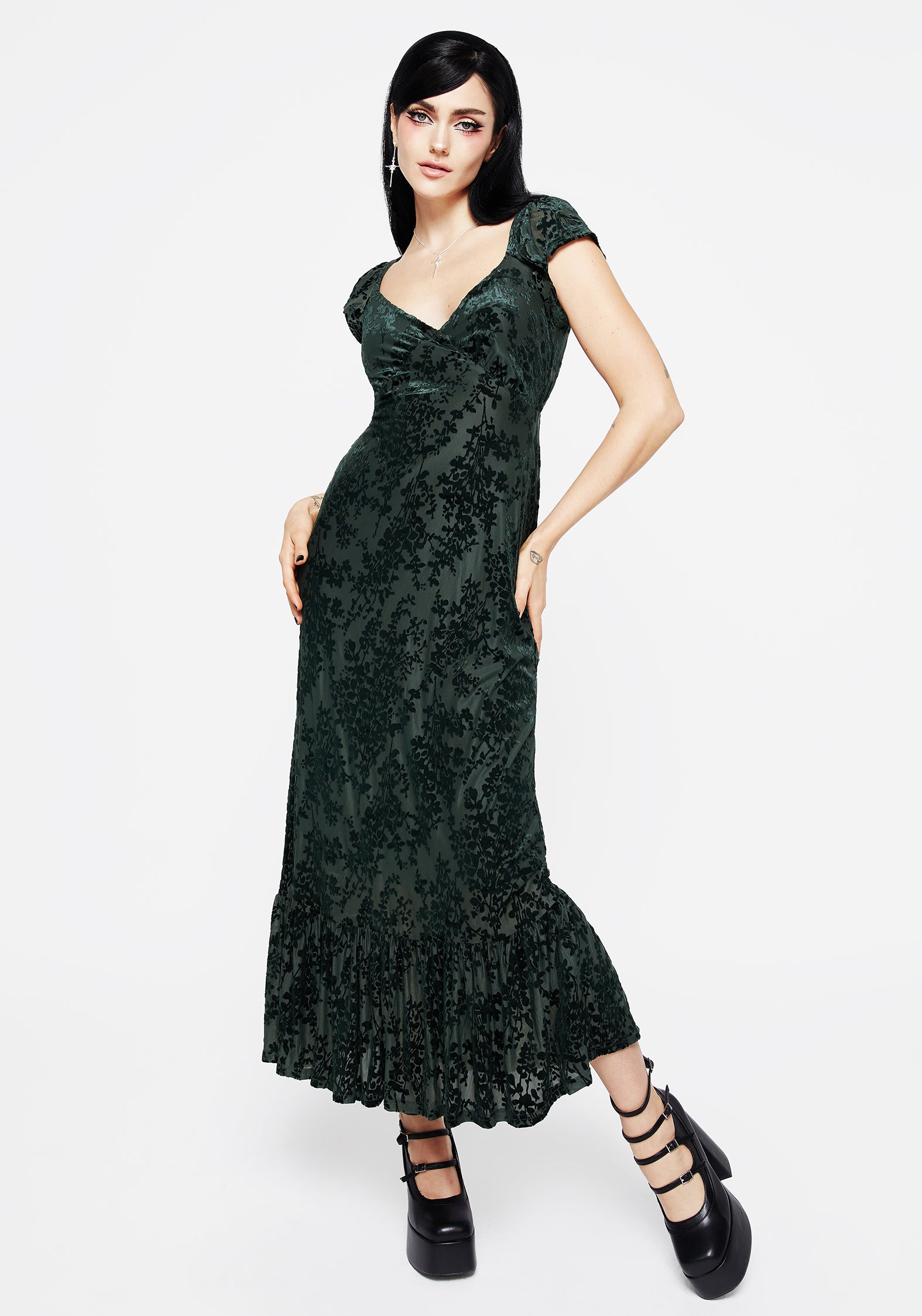 Avalon Floral Flocked Velour Frill Sleeve Midaxi Dress | Disturbia