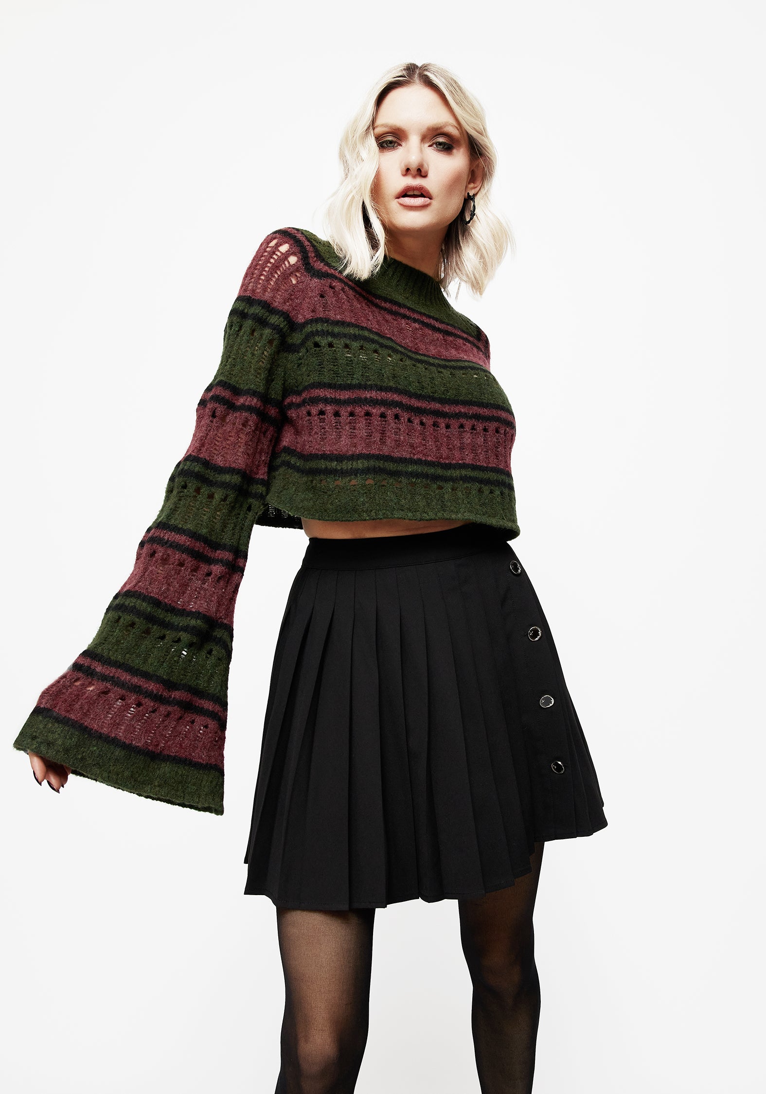 Splinter Stripe Knit Flare Sleeve Crop Sweater