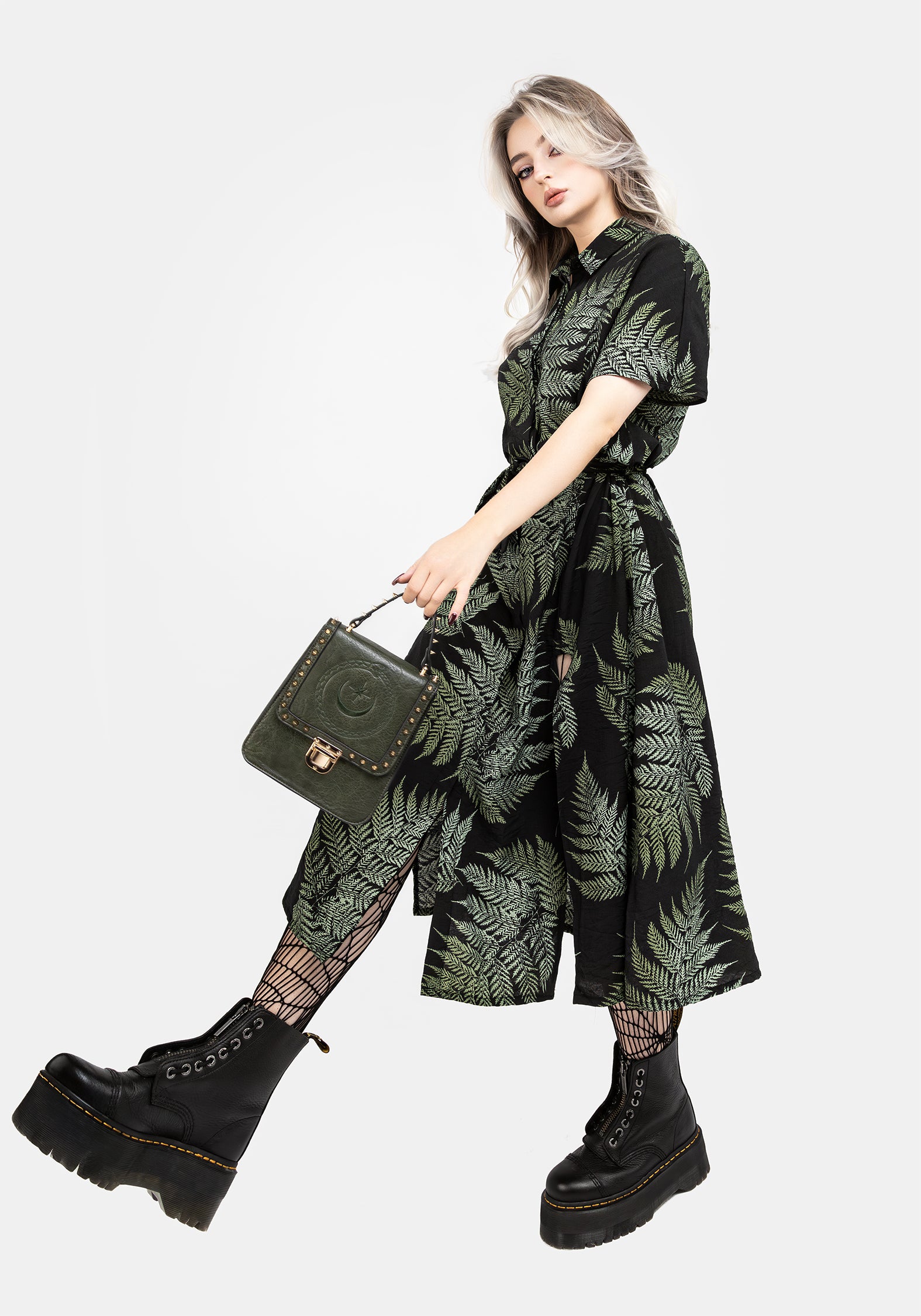 fern midi shirt dress Lunafern Fern Printed Belted Midi Shirt Dress