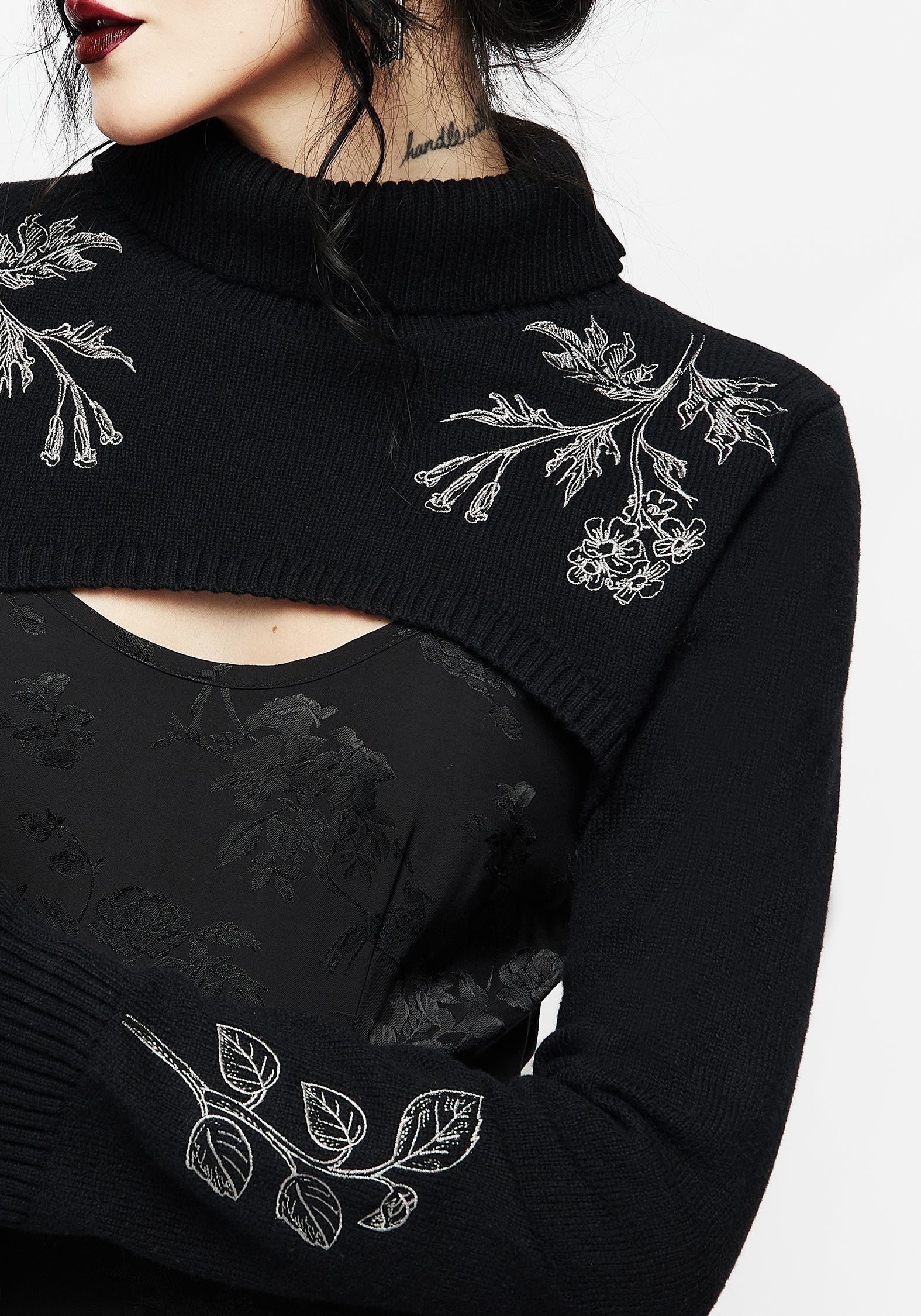 Amalthea Embroidered Roll Neck Extreme Crop Sweater | Disturbia