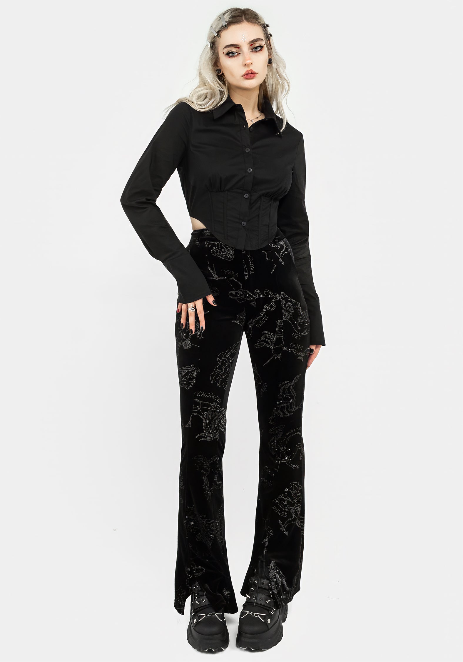 Zodiac Foil Print Split Slim Flare Trousers | Disturbia - Shop