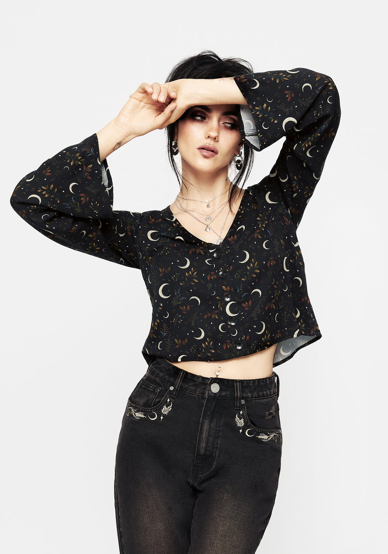 Sickle Moon Flute Sleeve Button Up Top
