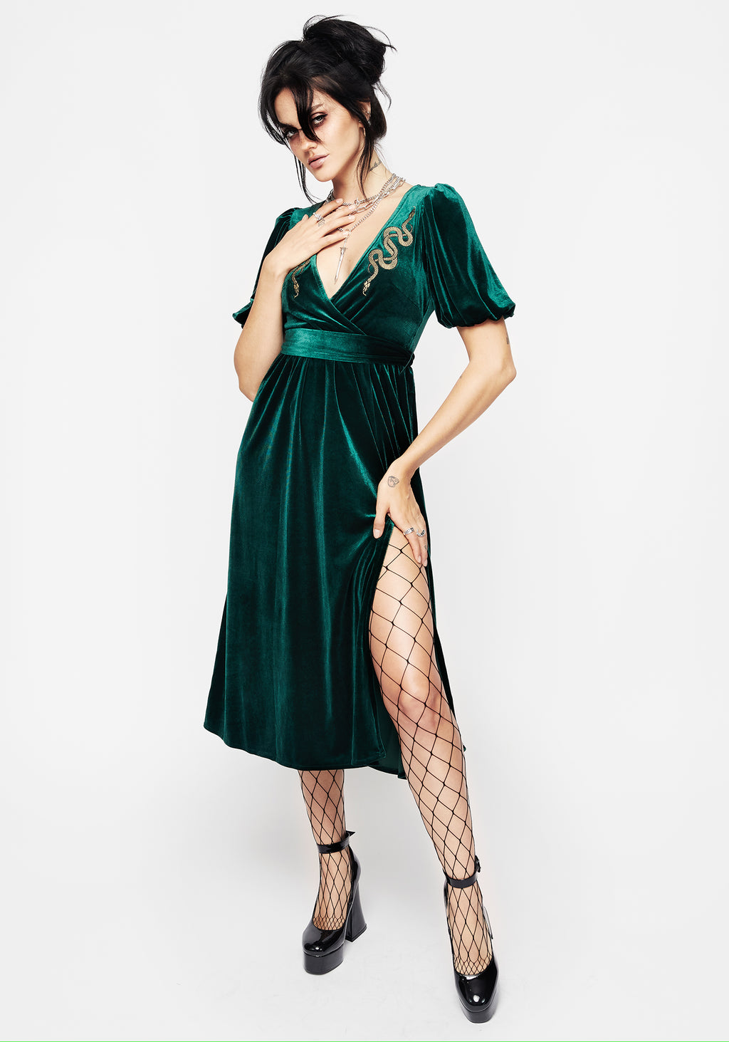 Zarina Velour Applique Midi Wrap Dress | Disturbia - Shop Women's Gothic, Alternative & Dark Romantic Fashion, Accessories & Homeware Zarina Velour Applique Midi Wrap Dress | Disturbia - Shop Women's Gothic, Alternative & Dark Romantic Fashion, Accessories & Homeware