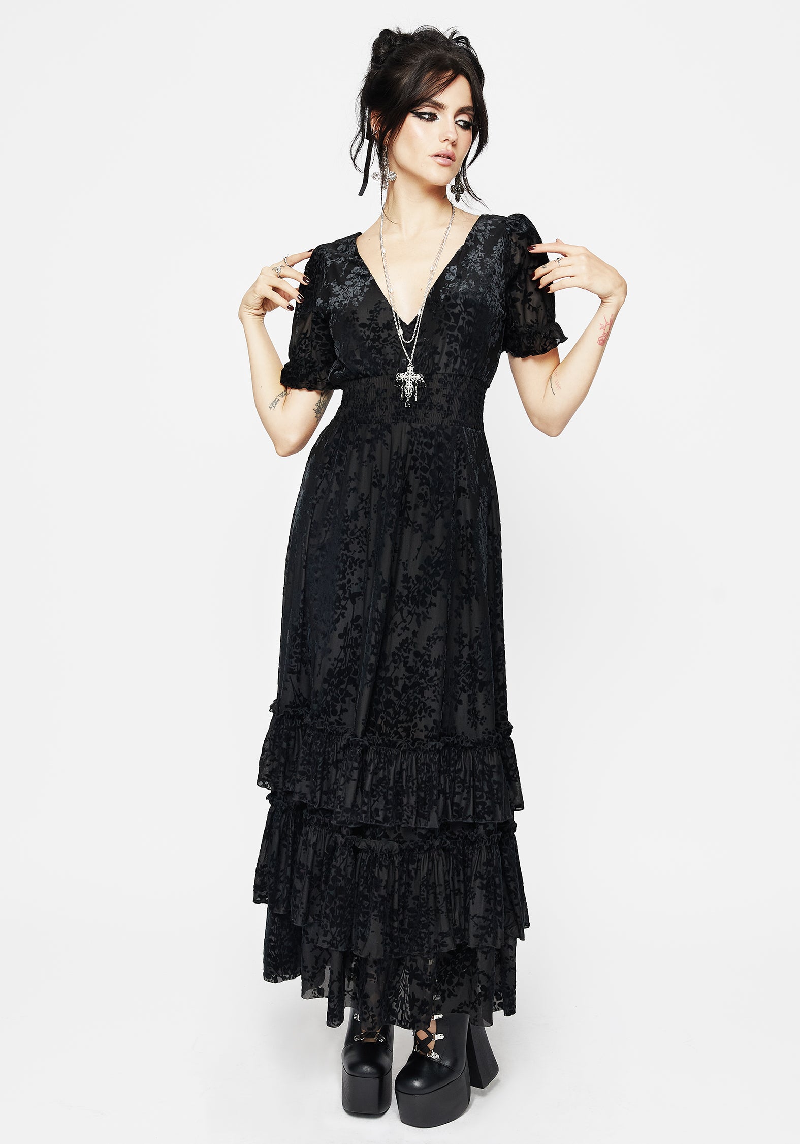 Lilias Devoré Tiered Maxi Dress | Disturbia - Shop Women's Gothic