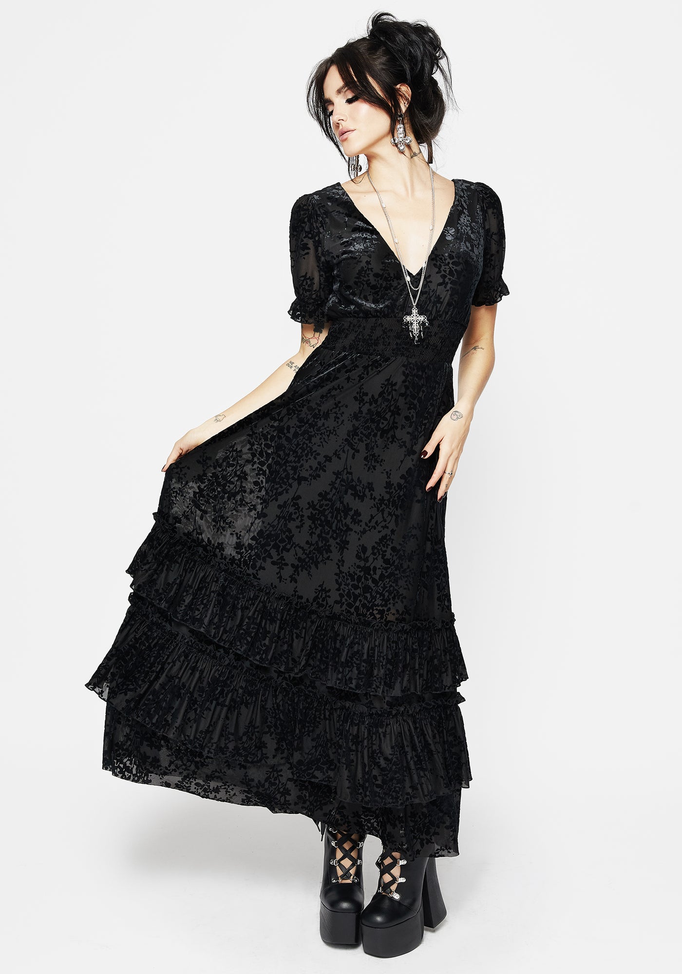 Lilias Devoré Tiered Maxi Dress | Disturbia - Shop Women's Gothic