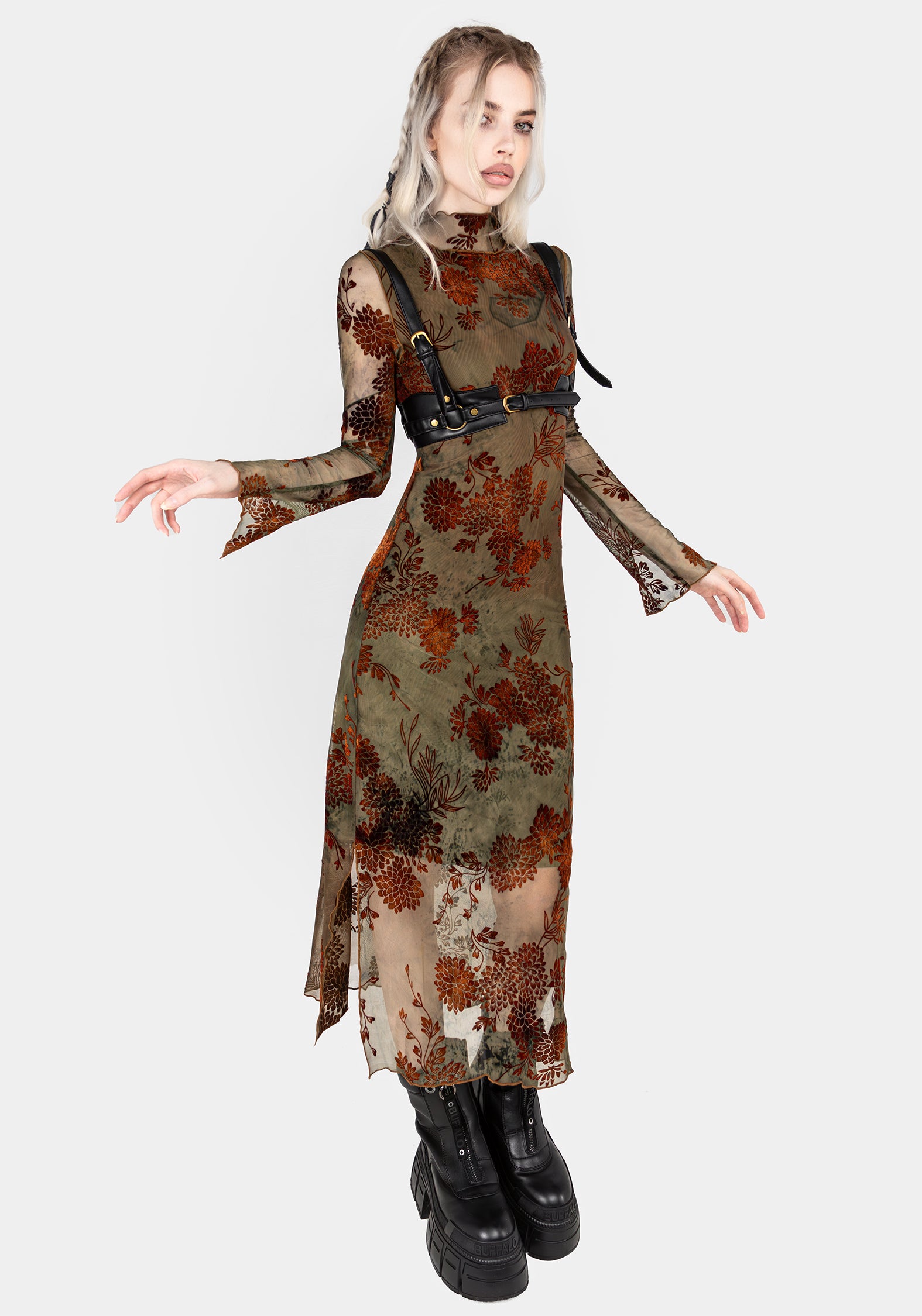 Rosaleigh Flock Velour Mesh Midaxi Dress | Disturbia - Shop
