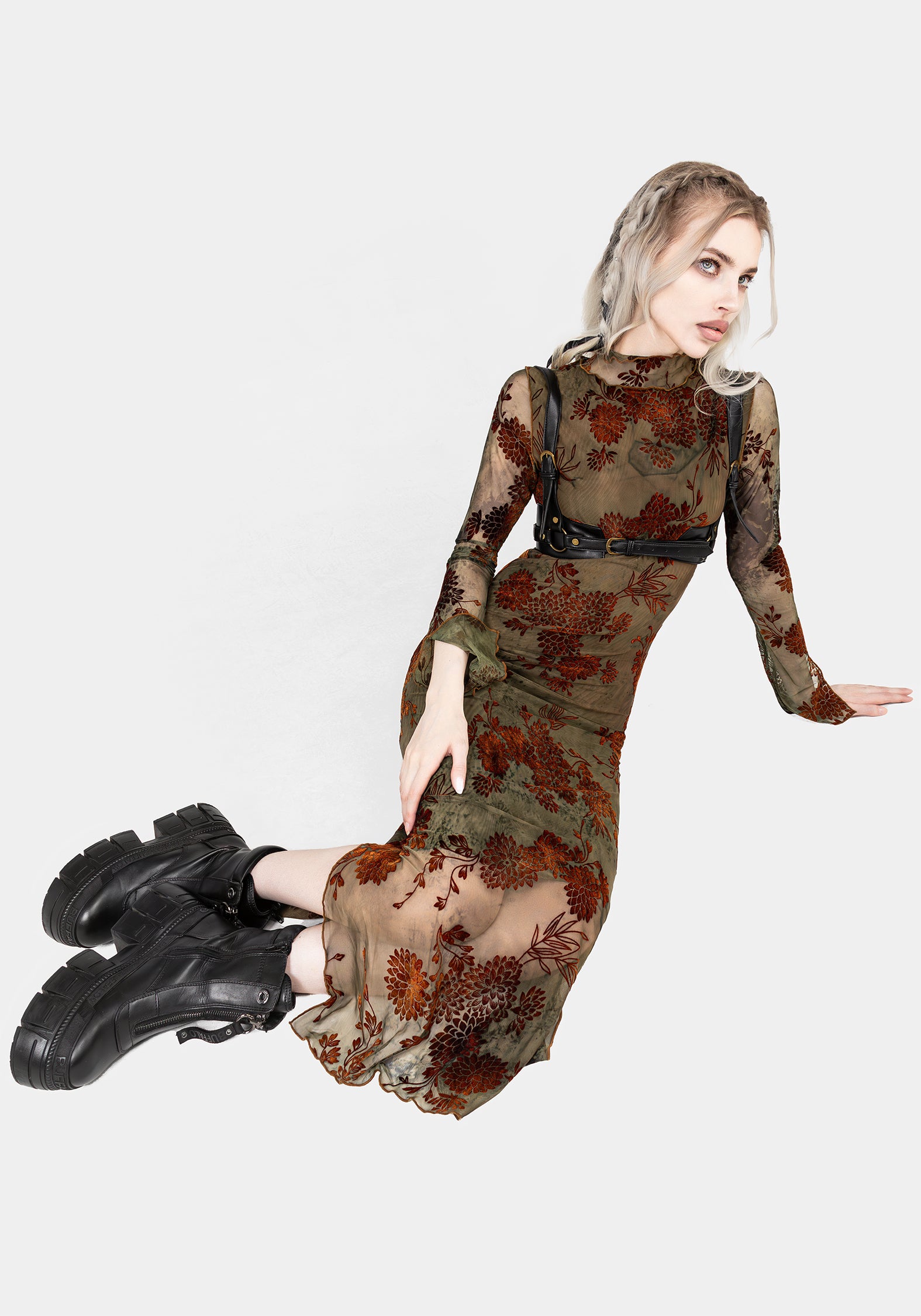 Rosaleigh Flock Velour Mesh Midaxi Dress | Disturbia - Shop