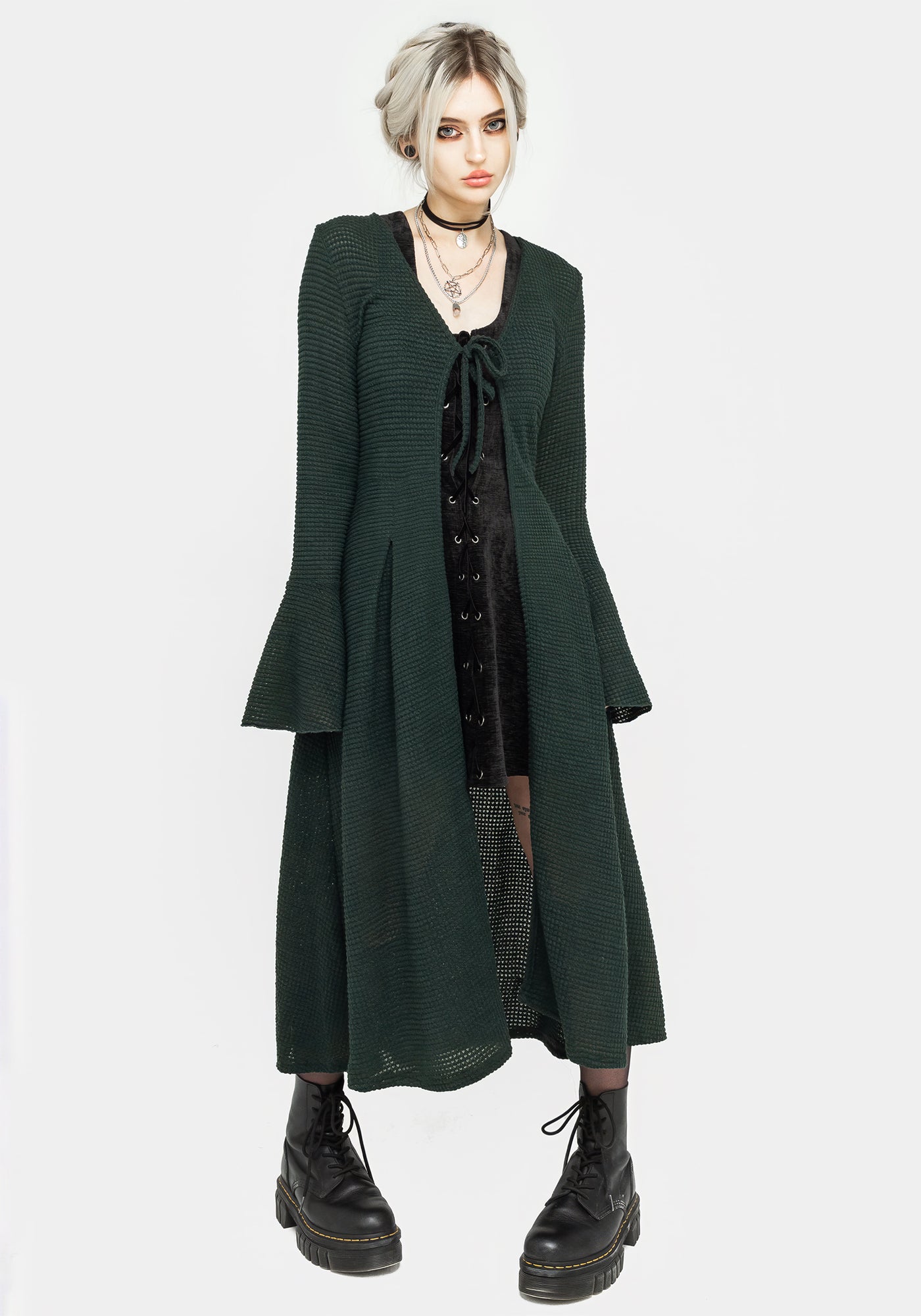 Xana Textured Tie Front Long Cardigan - Green | Disturbia - Shop Women's Gothic, Alternative & Dark Romantic Fashion, Accessories & Homeware Xana Textured Tie Front Long Cardigan - Green | Disturbia - Shop Women's Gothic, Alternative & Dark Romantic Fashion, Accessories & Homeware