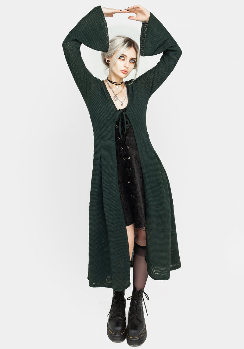 Xana Textured Tie Front Long Cardigan - Green Xana Textured Tie Front Long Cardigan - Green
