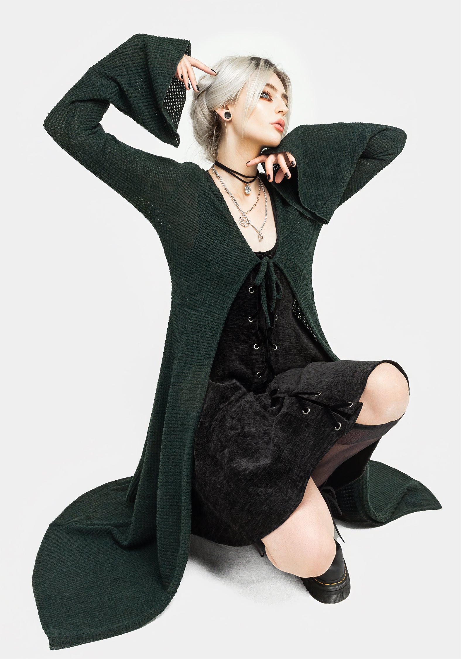 Xana Textured Tie Front Long Cardigan - Green | Disturbia - Shop