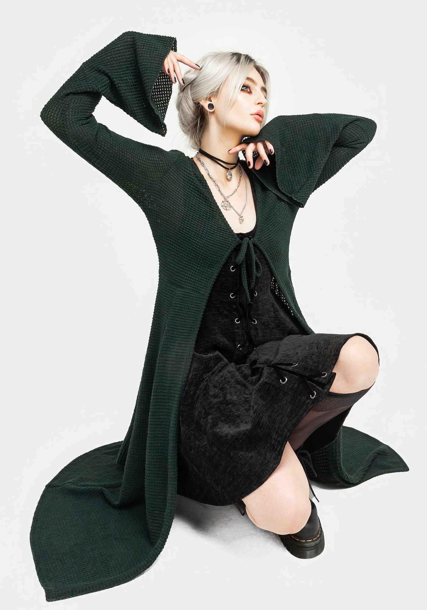 Xana Textured Tie Front Long Cardigan - Green | Disturbia - Shop Women's Gothic, Alternative & Dark Romantic Fashion, Accessories & Homeware Xana Textured Tie Front Long Cardigan - Green | Disturbia - Shop Women's Gothic, Alternative & Dark Romantic Fashion, Accessories & Homeware