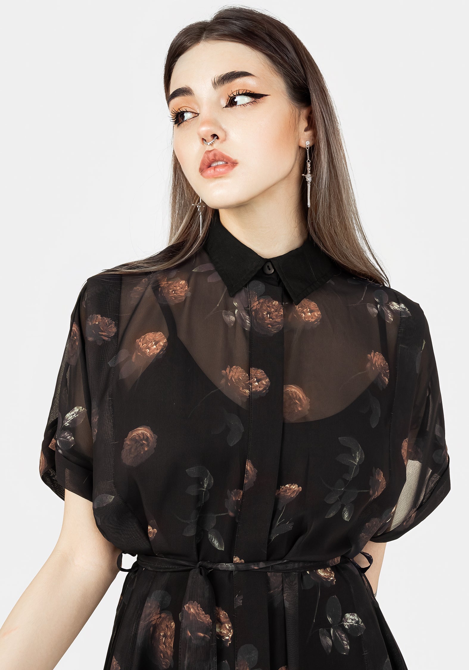 floral chiffon shirt dress Duntery V-neck Flutter Sleeves Floral Chiffon Dress