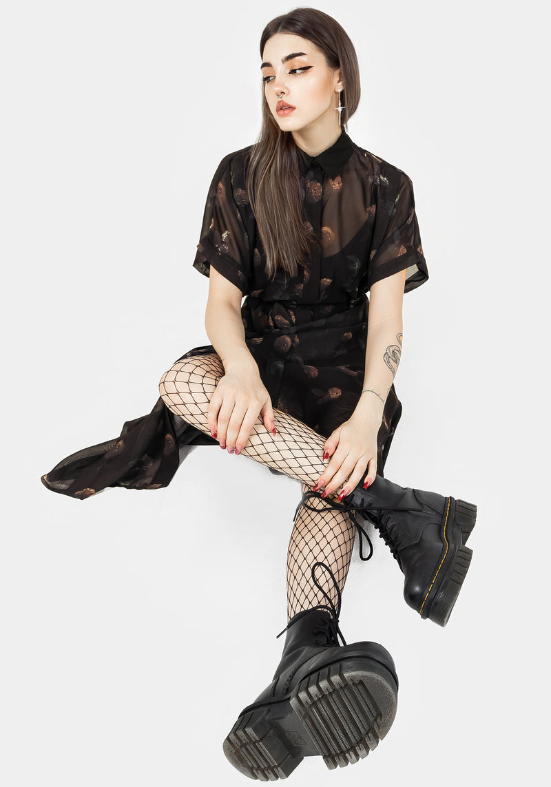 Monica Floral Chiffon Midi Shirt Dress | Disturbia - Shop Women's Gothic, Alternative & Dark Romantic Fashion, Accessories & Homeware Monica Floral Chiffon Midi Shirt Dress | Disturbia - Shop Women's Gothic, Alternative & Dark Romantic Fashion, Accessories & Homeware