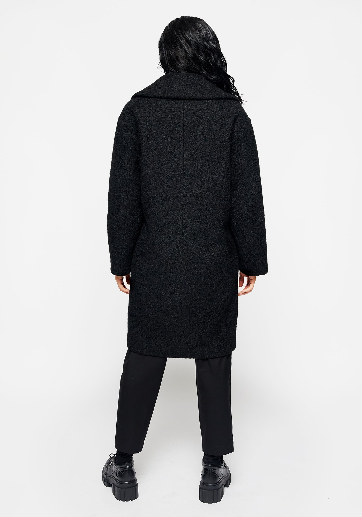 Gorgon Bouclé Oversized Coat with Snake Brooch - Black | Disturbia