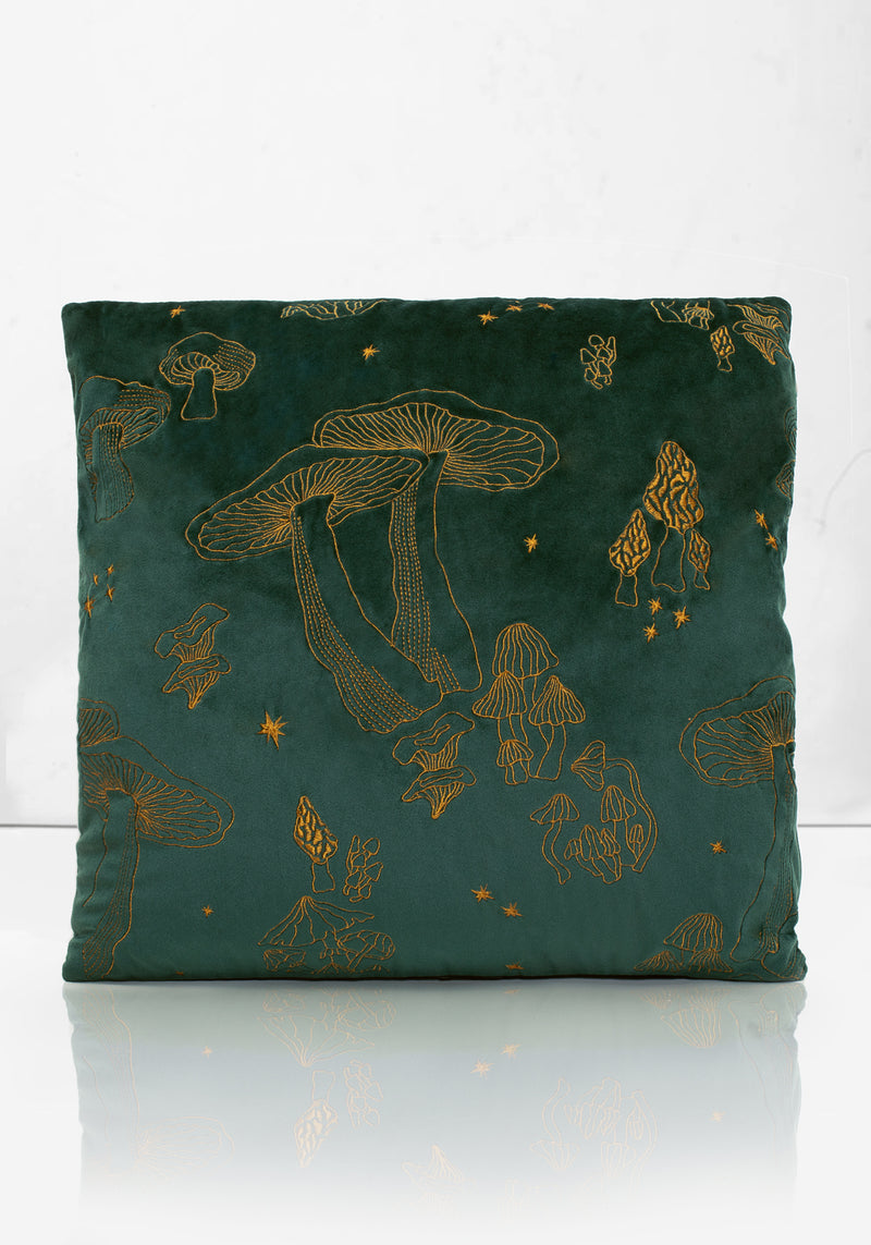Faefire Celestial Mushrooms Velvet Cushion - Evergreen