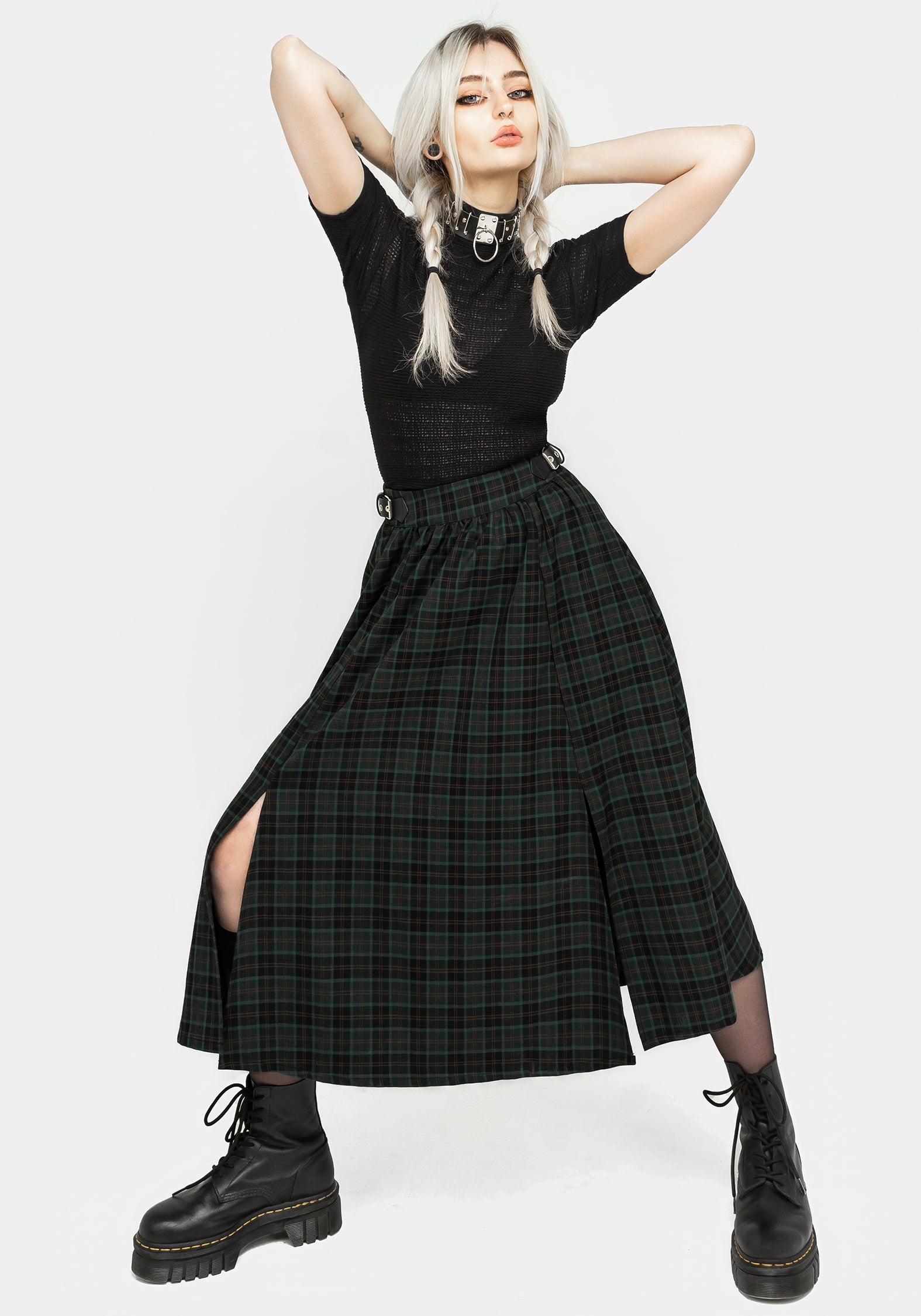 Nightingale Buckled Check Midi Skirt | Disturbia