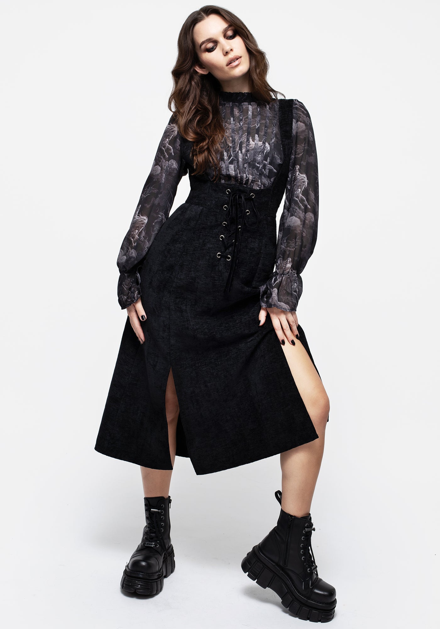 Valar Lace Up Midi Pinafore Dress | Disturbia