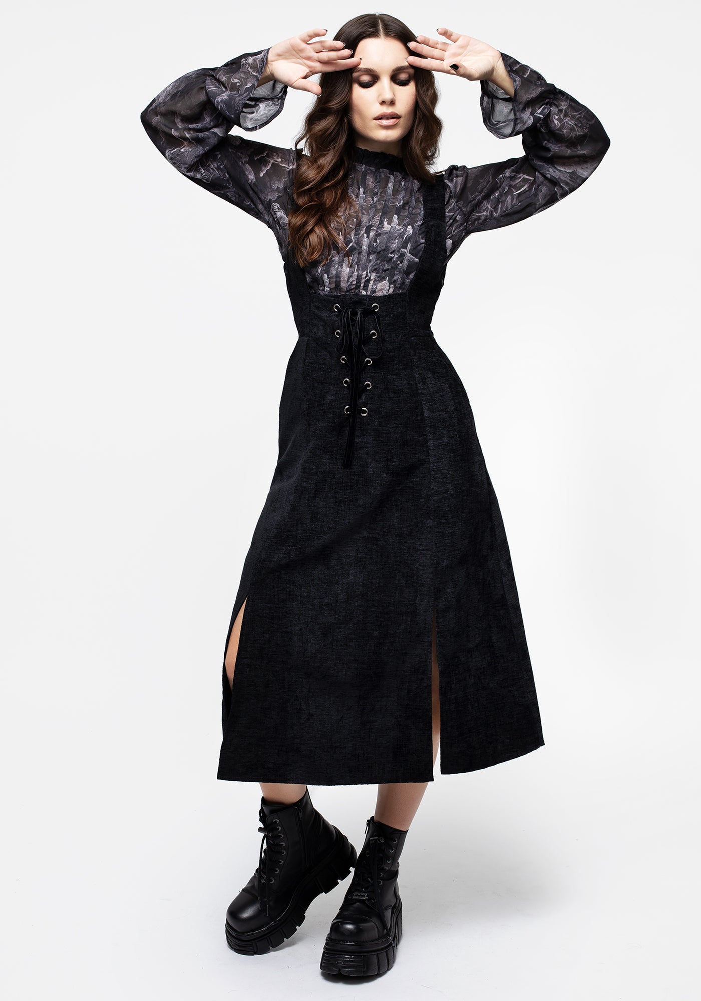 Valar Lace Up Midi Pinafore Dress | Disturbia - Shop Women's Gothic, Alternative & Dark Romantic Fashion, Accessories & Homeware Valar Lace Up Midi Pinafore Dress | Disturbia - Shop Women's Gothic, Alternative & Dark Romantic Fashion, Accessories & Homeware
