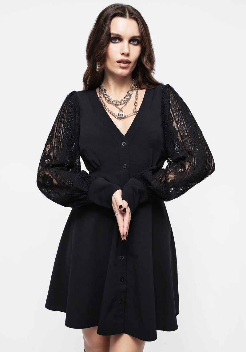 Covenant Lace Sleeve Button Up Mini Dress | Disturbia - Shop Women's Gothic, Alternative & Dark Romantic Fashion, Accessories & Homeware Covenant Lace Sleeve Button Up Mini Dress | Disturbia - Shop Women's Gothic, Alternative & Dark Romantic Fashion, Accessories & Homeware