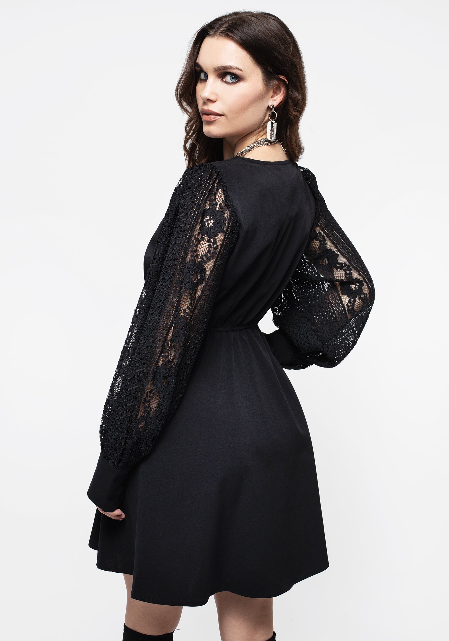 black lace arm dress self-portrait - Rhinestone Maxi The fitted waist is accented with sheer lace panels at each side Long Sleeve Slit Black Lace
